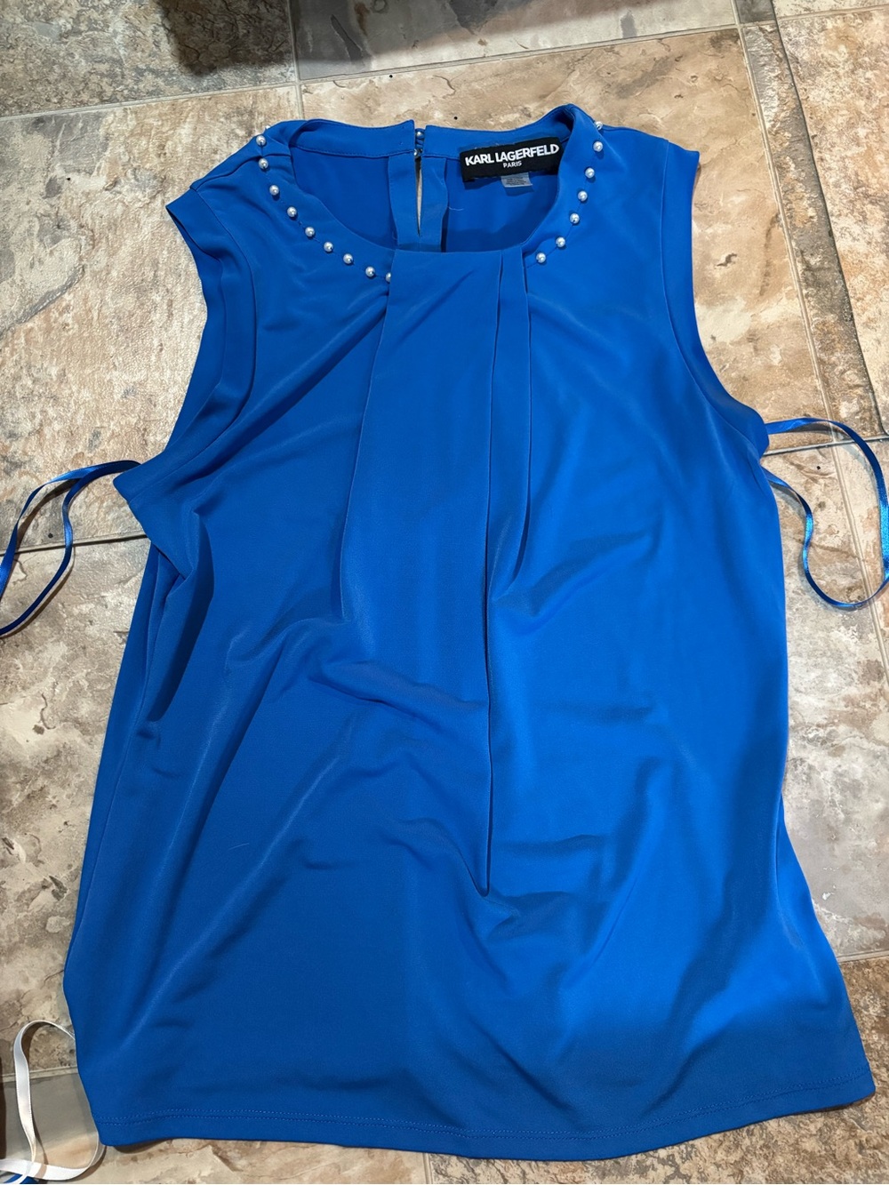 Karl Lagerfeld Royal Blue Sleeveless Pearl-Trim Camisole